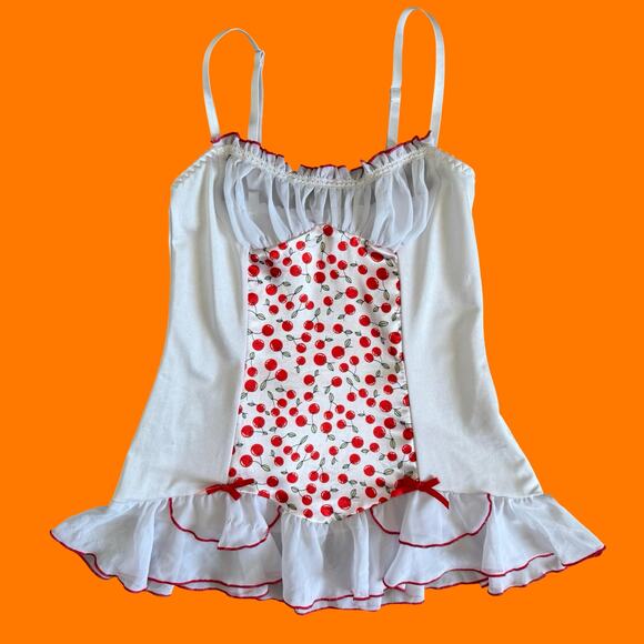 00's vintage white cherry print milkmaid lingerie y2k babydoll XS SMALL - Picture 2 of 8